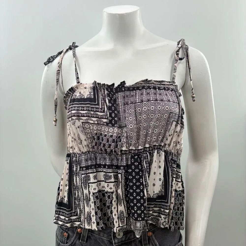 3For$20 AngBoho Patchwork Tie-Shoulder Camisole Top - Black & Cream size: Small
